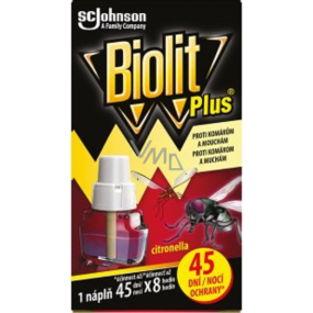 Biolit Plus Elektrický odparovač s vôňou citronely proti komárom a muchám náhradná kazeta 45 nocí 31 ml