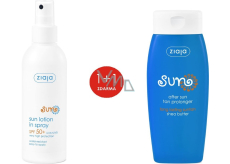 Ziaja Sun SPF 50+ UVA/UVB vodeodolné opaľovacie mlieko v spreji 170 ml + mlieko na predĺženie opálenia pre všetky typy pokožky 200 ml, duopack