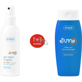 Ziaja Sun SPF 50+ UVA/UVB vodeodolné opaľovacie mlieko v spreji 170 ml + mlieko na predĺženie opálenia pre všetky typy pokožky 200 ml, duopack