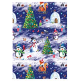 Ditipo Darčekový baliaci papier 70 x 200 cm Vianočný bielo-tm.modrá stromček, snehuliak
