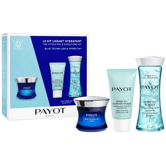 Payot Hydra 24+ & Blue Techni LissJour vyhladzujúci chronoaktivní krém 50 ml + Hydra 24+ Baume-en-masque hydratačná povzbudzujúce pleťová maska 15 ml + Hydra 24+ Essence podkladová tvarujúci emulzia 125 ml, kozmetická sada