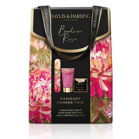 Baylis & Harding Mysterious Rose kúpeľová soľ na ruky 70 g + krém na ruky a nechty 50 ml + pilník na nechty, kozmetická sada pre ženy