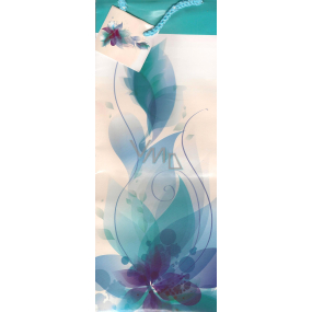 Nekupto Darčeková papierová taška na fľašu 36 x 12 x 9 cm Bielo tyrkysová s kvetinou ALH