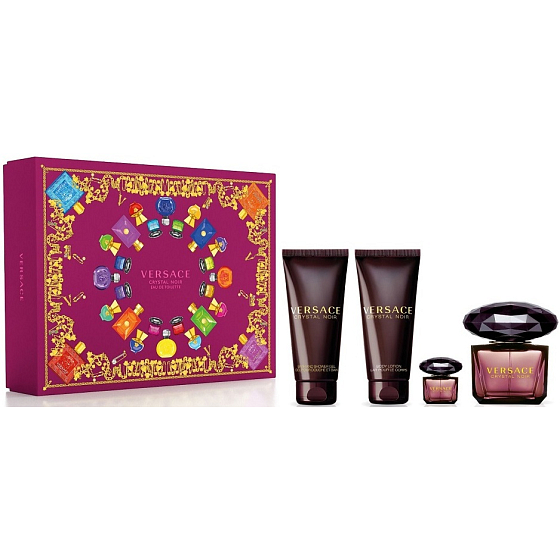 Versace Crystal Noir toaletná voda pre ženy 90 ml + telové mlieko 100 ml + sprchový gél 100 ml + toaletná voda 5 ml, darčeková sada pre ženy