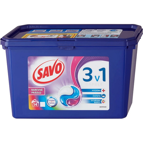 Savo Bez chlóru Color 3v1 gélové kapsuly na pranie farebnej bielizne 14 kusov 378 g