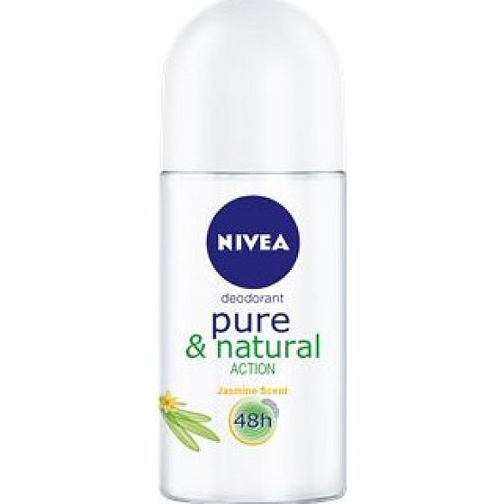 Nivea Pure & Natural Action s vôňou jazmínu guličkový antiperspirant roll-on pre ženy 50 ml