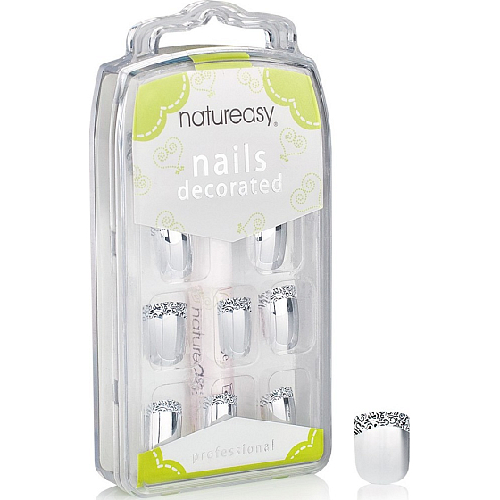 Diva & Nice Natureasy Nails Decorated nalepovacie nechty strieborné s čierno-bielou aplikácií 24 kusov + lepidlo 2 g