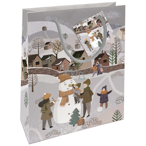 Nekupto Darčeková papierová taška 23 x 18 x 10 cm Vianočný snehuliak s deťmi