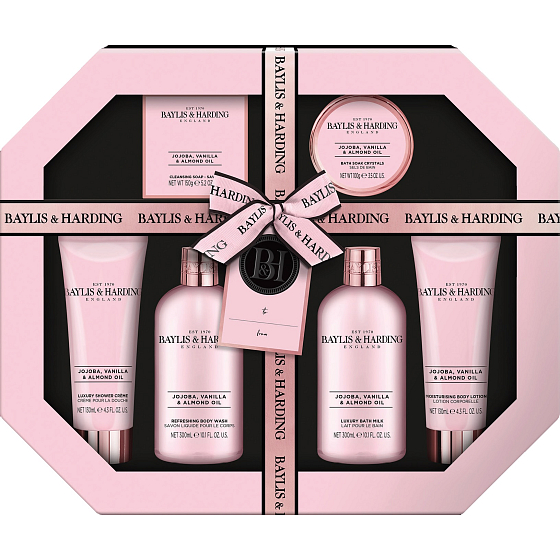 Baylis & Harding Jojoba, Vanilka a Mandľový olej umývací gél 300 ml + mlieko do kúpeľa 300ml + mydlo 150 g + sprchový krém 130 ml + telové mlieko 130 ml + kúpeľová soľ 130 ml, kozmetická sada