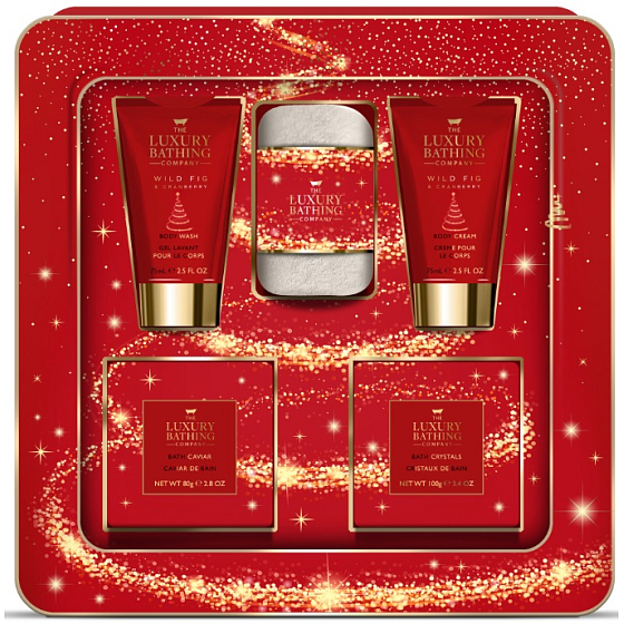 Grace Cole Wild Fig & Cranberry umývací gél 75 ml + telový krém 75 ml + šumivá guľa do kúpeľa 2 x 25 g + perly do kúpeľa 80 g + flanelová žinka + plechová krabička, kozmetická sada pre ženy