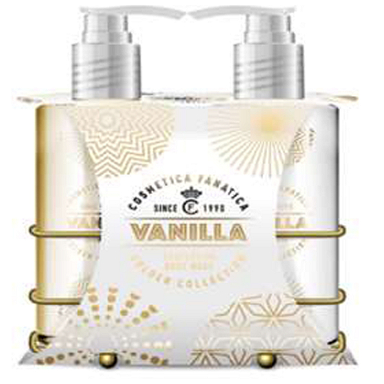 Cosmetica Fanatica Fanatica Vanilla sprchový gél 250 ml + telové mlieko 250 ml + zlatý kovový stojan, kozmetická sada