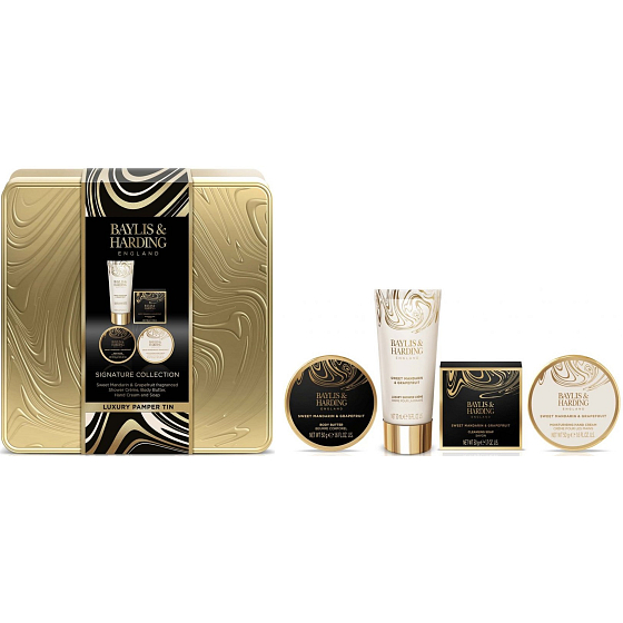 Baylis & Harding Tangerine and Grapefruit sprchový krém 50 ml + telové maslo 50 ml + krém na ruky 50 ml + toaletné mydlo 50 g + plechová škatuľka, kozmetická sada pre ženy