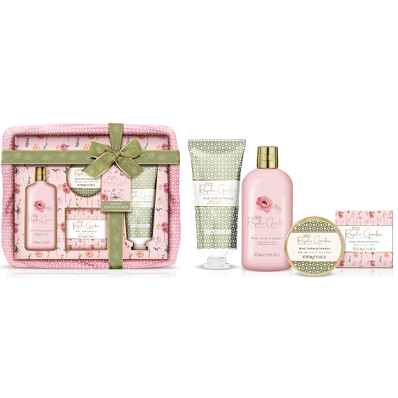 Baylis & Harding Rose, Poppy and Vanilla sprchový gél 200 ml + sprchový krém 300 ml + tuhé mydlo 150 g + kryštály do kúpeľa 100 g, kozmetická sada pre ženy