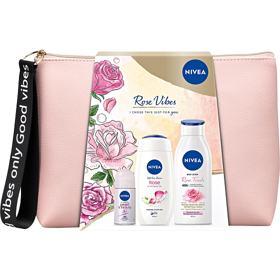 Nivea Rose Vibes telové mlieko 400 ml + sprchový gél 250 ml + antiperspirant roll-on 50 ml + etue, kozmetická súprava pre ženy