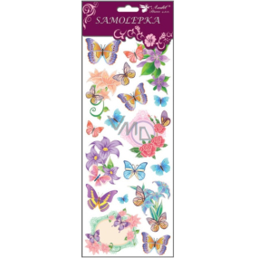 Samolepky motýle a kvety s glitrami fialovejú 34,5 x 12,5 cm