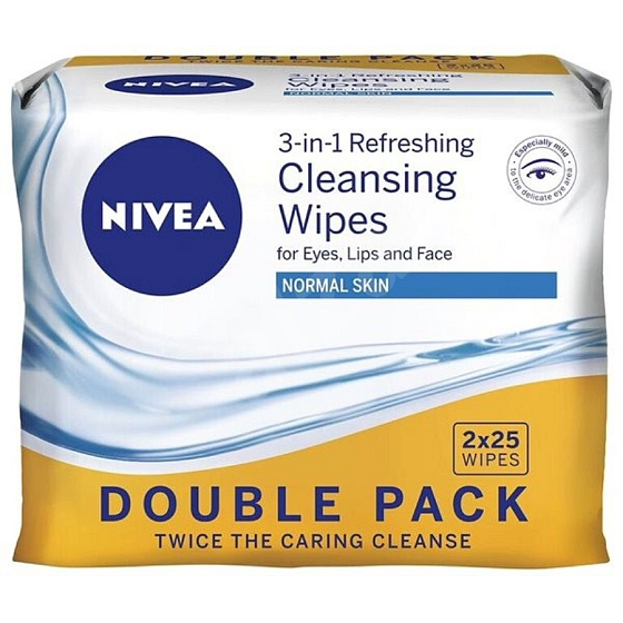 Nivea 3v1 Osviežujúci pleťové obrúsky normálnu a suchá pleť Duo 2 x 25 kusov