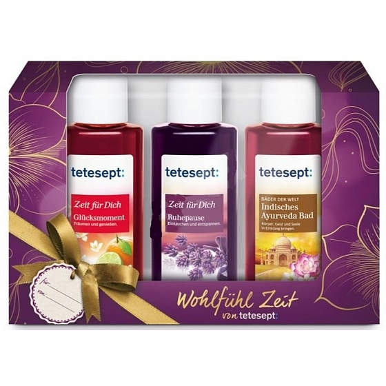 Tetesept Odpočinok + Okamžiky šťastie + Indická ajurvédska kúpeľ kúpeľové koncentráty 3 x 20 ml miniatúry kozmetická sada