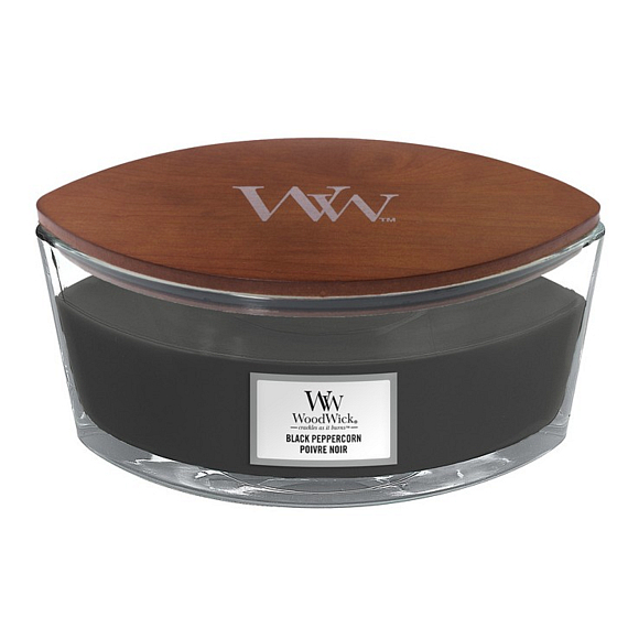 Woodwick Black Peppercorn - Čierne zrnko korenia vonná sviečka s dreveným širokým knôtom a viečkom sklo loď 453 g