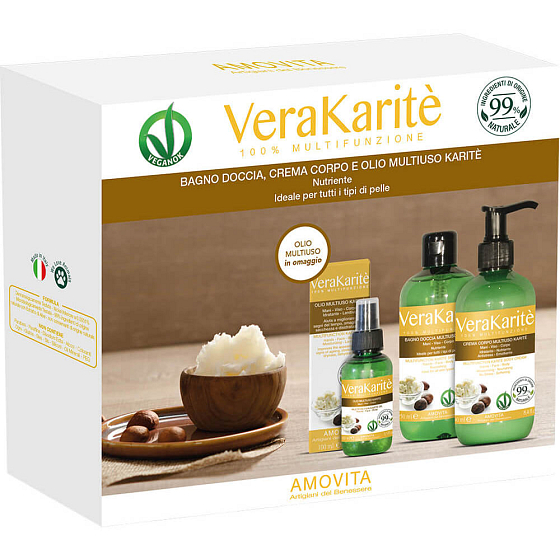 Amovita Vera Karité - Bambucké maslo telový olej 100 ml + telový krém 250 ml + sprchový gél 250 ml, kozmetická sada