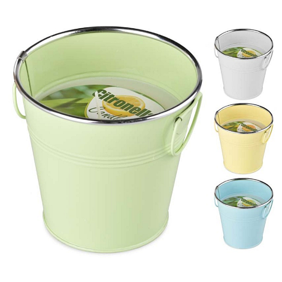 Nová záhradná repelentná sviečka Citronella v plechovom vedierku 140 x 138 mm, mix farieb