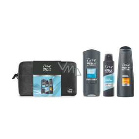 Dove Men + Care sprchový gél 250 ml + šampón na vlasy 250 ml + dezodorant v spreji 150 ml + puzdro, kozmetická sada pre mužov