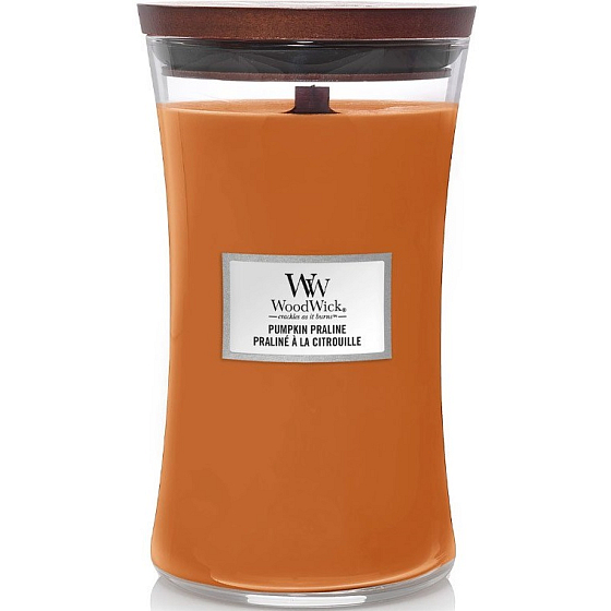 WoodWick Pumpkin Praline - Sviečka s vôňou tekvicovej pochúťky s dreveným knôtom a skleneným viečkom veľká 609 g