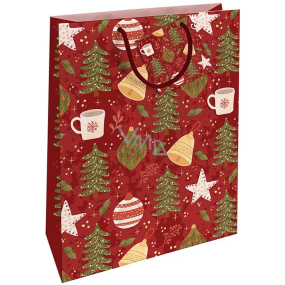 Nekupto Darčeková papierová taška 32,5 x 26 x 13 cm Vianočné stromčeky červená