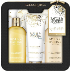 Baylis & Harding Sladká mandarínka & Grapefruit sprchový gél 300 ml + sprchový krém 300 ml + telový krém 130 ml + špongia na umývanie + plechová dóza, kozmetická sada pre ženy