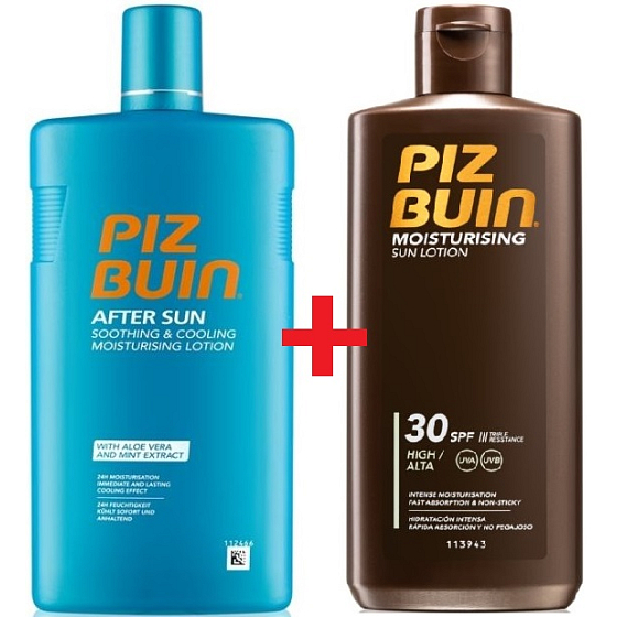Piz Buin Hydratačné mlieko na opaľovanie SPF30 Hydratačné mlieko na opaľovanie 200 ml + Upokojujúce a chladivé mlieko po opaľovaní s aloe vera, hydratuje a chladí, znižuje začervenanie spôsobené UV žiarením 400 ml, duopack