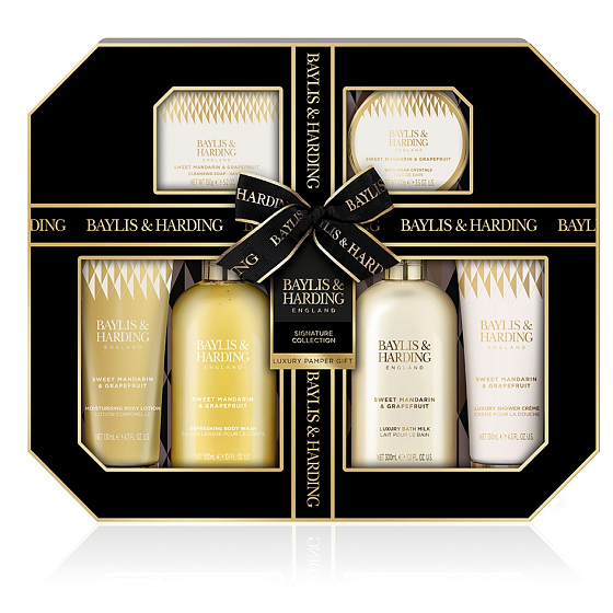 Baylis & Harding Tangerine and Grapefruit prací gél 300 ml + mlieko do kúpeľa 300 ml + toaletné mydlo 150 g + sprchový krém 130 ml + telové mlieko 130 ml + soľ do kúpeľa 100 g, kozmetická sada pre ženy
