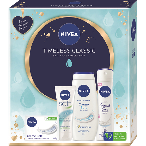 Nivea Timeless Classic Creme Soft krémové toaletné mydlo 100 g + Creme Soft sprchový gél 250 ml + Original Care antiperspirant v spreji 150 ml + Creme Soft svieži hydratačný krém na celé telo 75 ml, kozmetická sada pre ženy