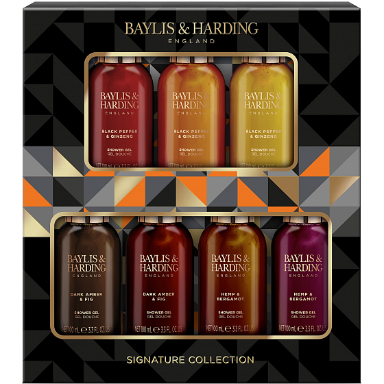 Baylis & Harding Men Sprchový gél s čiernym korením a ženšenom 3 x 100 ml + Sprchový gél s konope a bergamotom 3 x 100 ml + Čierny jantár a figy 2 x 100 ml, kozmetická sada pre mužov