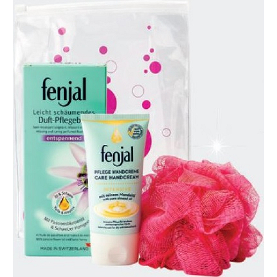 Fenjal Relaxačný penová kúpeľ 125 ml + Intensive krém na ruky 75 ml + masážna žinka 1 kus, kozmetická sada