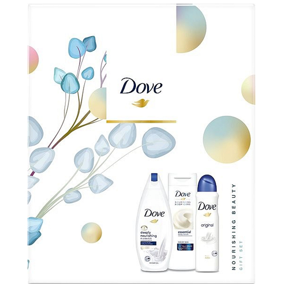 Dove Nourishing Deeply vyživujúce sprchový gél 250 ml + telové mlieko 250 ml + antiperspirant sprej 150 ml, kozmetická sada