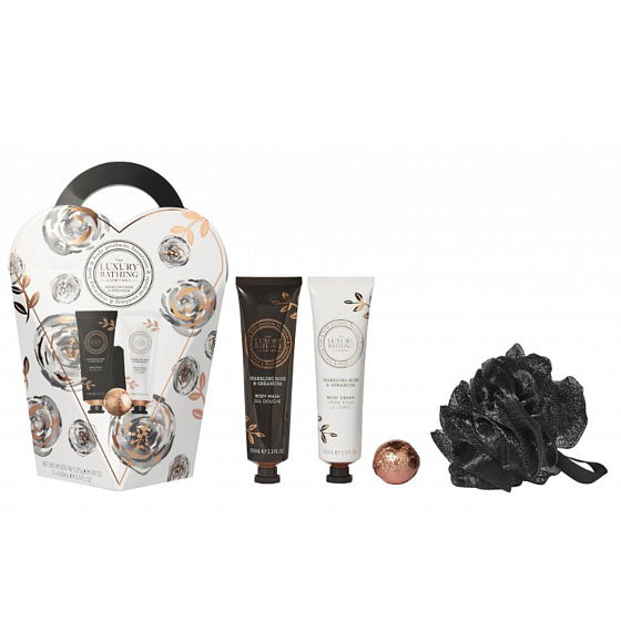 Grace Cole Rose & Geranium telový krém 100 ml + sprchový gél 100 ml + šumivá guľôčka 25 g + hubka do kúpeľa, kozmetická sada pre ženy