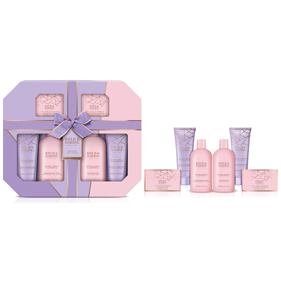 Baylis & Harding Sprchový gél s jojobou a vanilkou 300 ml + mlieko do kúpeľa 300 ml + tuhé mydlo 150 g + sprchový krém 130 ml + telové mlieko 130 ml + kryštály do kúpeľa 100 g, kozmetická sada pre ženy
