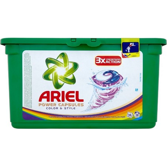 Ariel Power Capsules Color & Style gélové kapsule na pranie farebnej bielizne 3X More Cleaning Power 38 kusov 1094,4 g