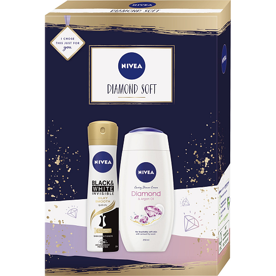 Nivea Diamond Soft antiperspirant dezodorant sprej 150 ml + sprchový gél 250 ml, kozmetická súprava pre ženy
