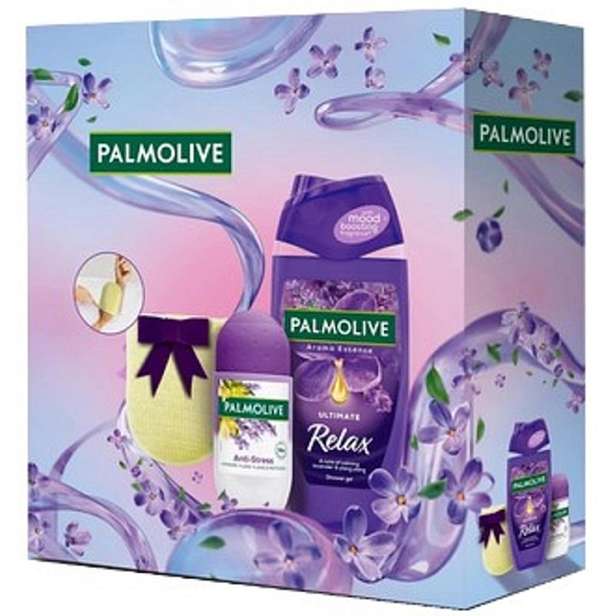 Palmolive Lavender Relax Aroma Essence Ultimate Relax sprchový gél 250 ml + antiperspirant Anti-Stress roll-on 50 ml + masážna hubka, kozmetická sada pre ženy