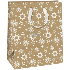 Ditipo Darčeková kraftová taška 26,4 x 13,6 x 32,7 cm Vianočná prírodná, biele snehové vločky a hviezdy