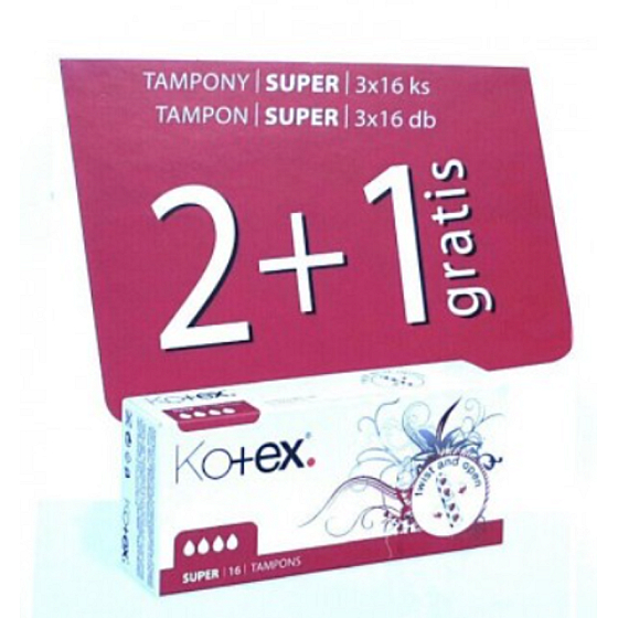 Kotex Super tampóny 3 x 16 kusov 2 + 1 balenie 48 kusov