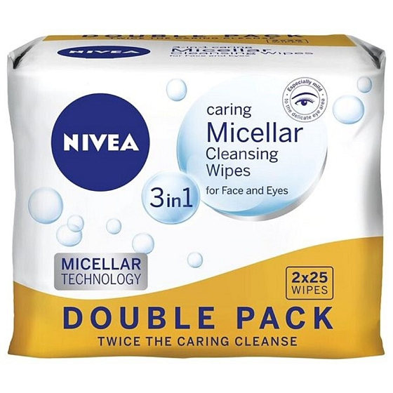Nivea 3v1 Micelárny pleťové obrúsky pre všetky typy pleti Duo 2 x 25 kusov