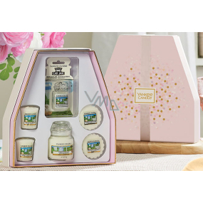 Yankee Candle Everyday Clean Cotton vonná sviečka malá 104 g + Clean Cotton votívny sviečka 2 x 49 g + Clean Cotton vonný vosk 2 x 22 g + Clean Cotton gélová visačka do auta 30 g, darčeková sada