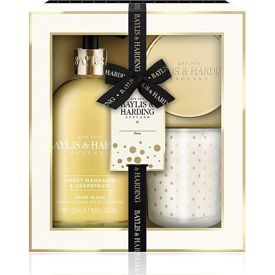 Baylis & Harding Sladká mandarínka a Grapefruit tekuté mydlo na ruky 300 ml + vonná sviečka s kovovým viečkom 200 g, kozmetická sada