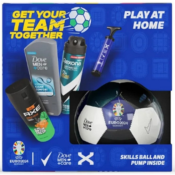 Rexona Euro 2024 Advanced Protection Invisible antiperspirant v spreji 150 ml + Axe Jungle Fresh dezodorant v spreji 150 ml + Dove Men +Care Clean Comfort sprchový gél 250 ml + futbalová lopta + pumpička, darčeková sada pre mužov
