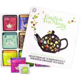 English Tea Shop Bio Gourmet a Bylinné čaje 72 kusov biologicky odbúrateľných pyramidek čaju 9 príchuťou, 108 g, plechová darčeková kazeta