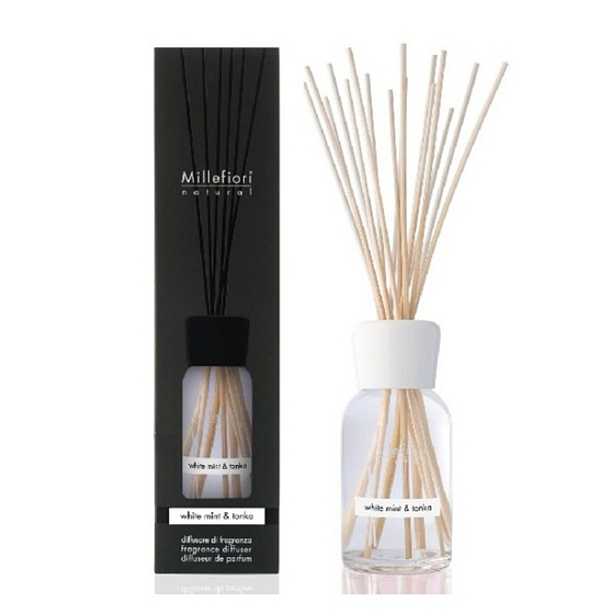 Millefiori Milano Natural White Mint & Tonka - Biela mäta a Tonkové bôby Difuzér 250 ml + 8 stebiel v dĺžke 30 cm do stredne veľkých priestorov vydrží minimálne 3 mesiace