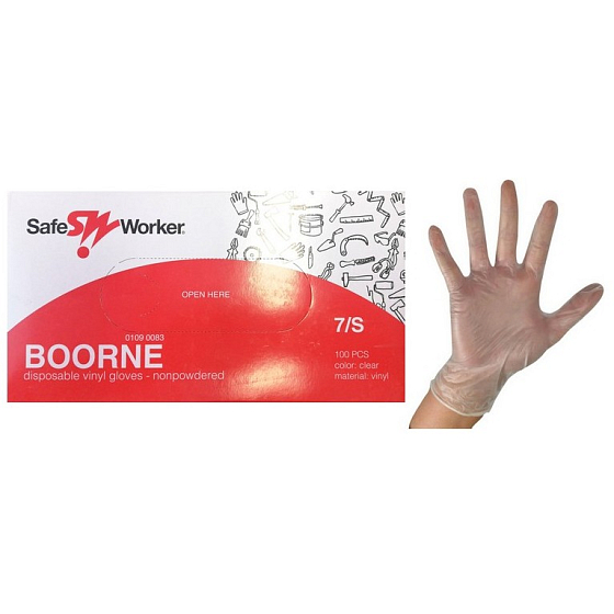 Safe Worker Boorne Rukavice vyšetrovacie, vinyl, nepúdrované, nesterilné, veľkosť S, box 100 kusov