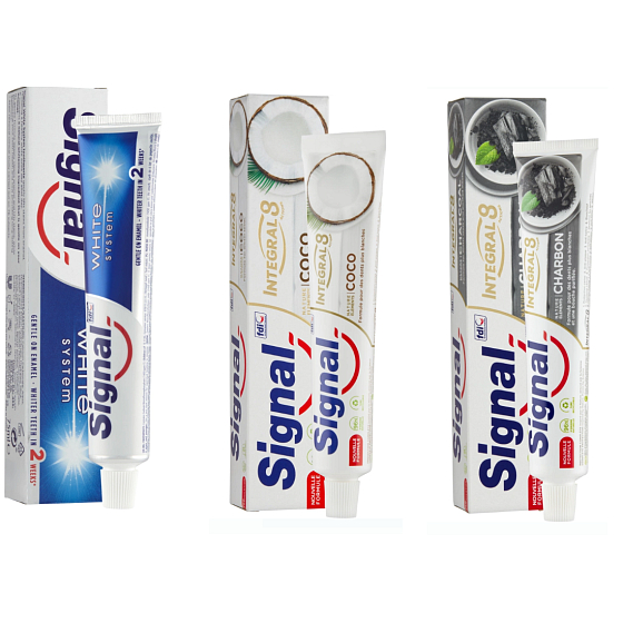 Zubná pasta Signal White System 5 x 75 ml + Integral 8 Kokosová bieliaca zubná pasta 8 x 75 ml + Integral 8 Zubná pasta s aktívnym uhlím 11 x 75 ml, mix kartón 24 ks