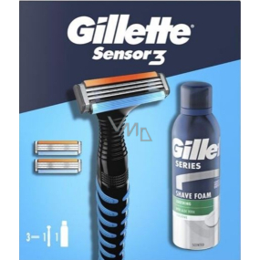 Gillette Sensor 3 holiaci strojček + 3 náhradné hlavice + pena na holenie 200 ml, kozmetická sada pre mužov